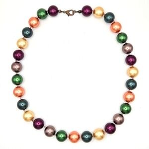 Multicolor Glass Faux Pearl Knotted‎ Necklace Metallic Green Purple Gold Orange